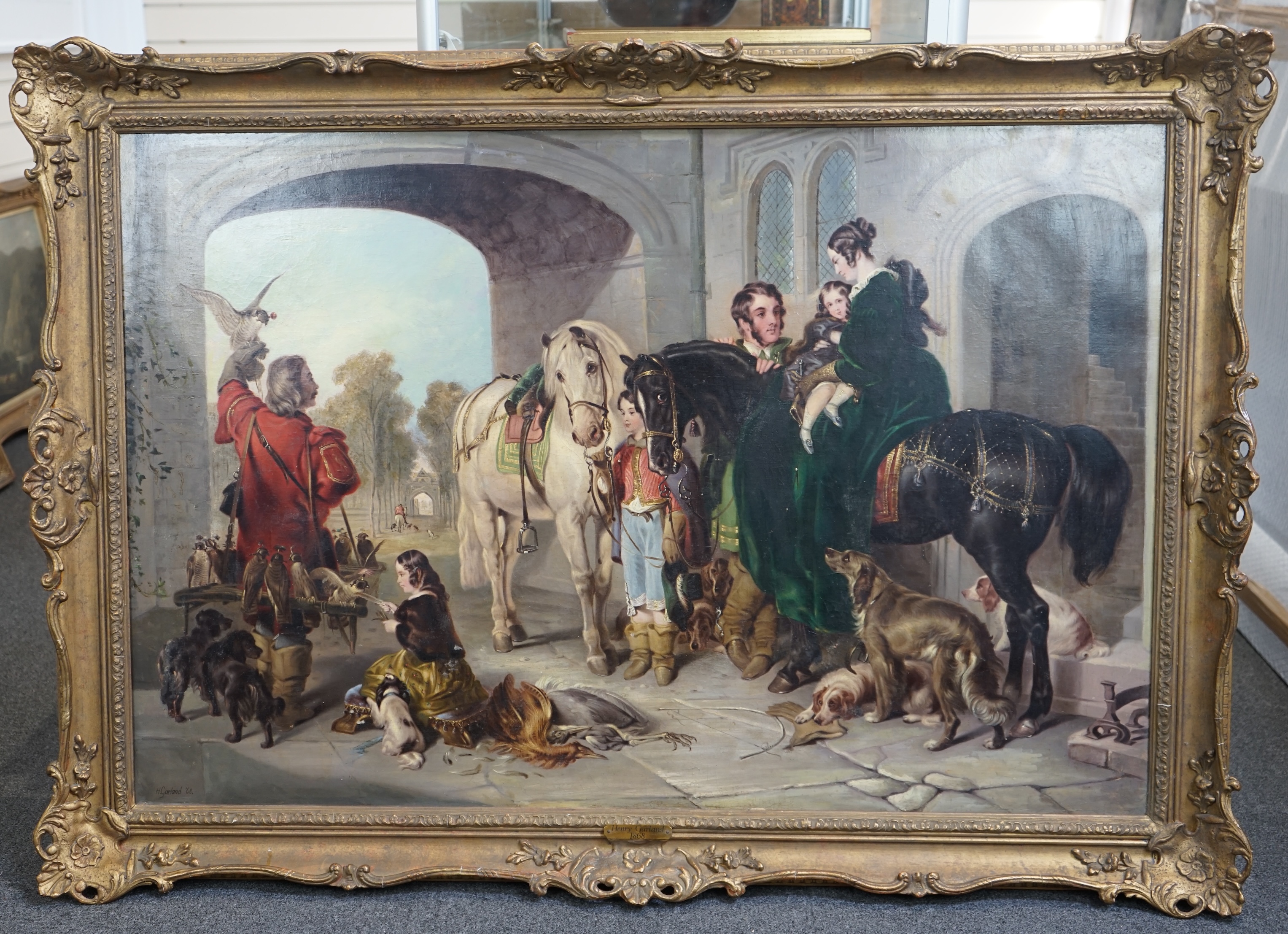 Henry Garland (British, fl.1854-1890), 'Before the hawking party', oil on canvas, 76 x 113cm